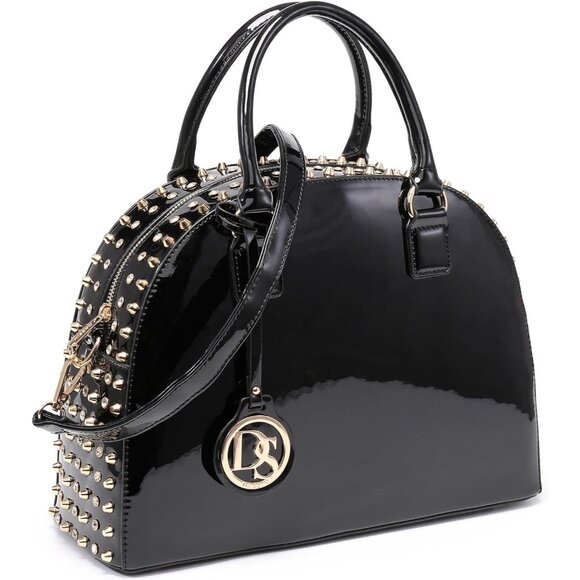 Women Patent Leather Dome Satchel Bag with Rhinestones and Studs Black 13.5W x 1 - Picture 1 of 5
